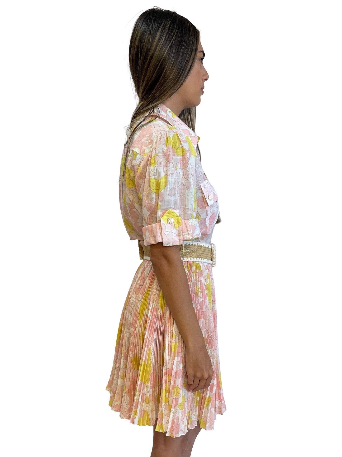 Zimmermann Pink/Yellow Pop Pleated Floral Shirt Dress. Size: 3