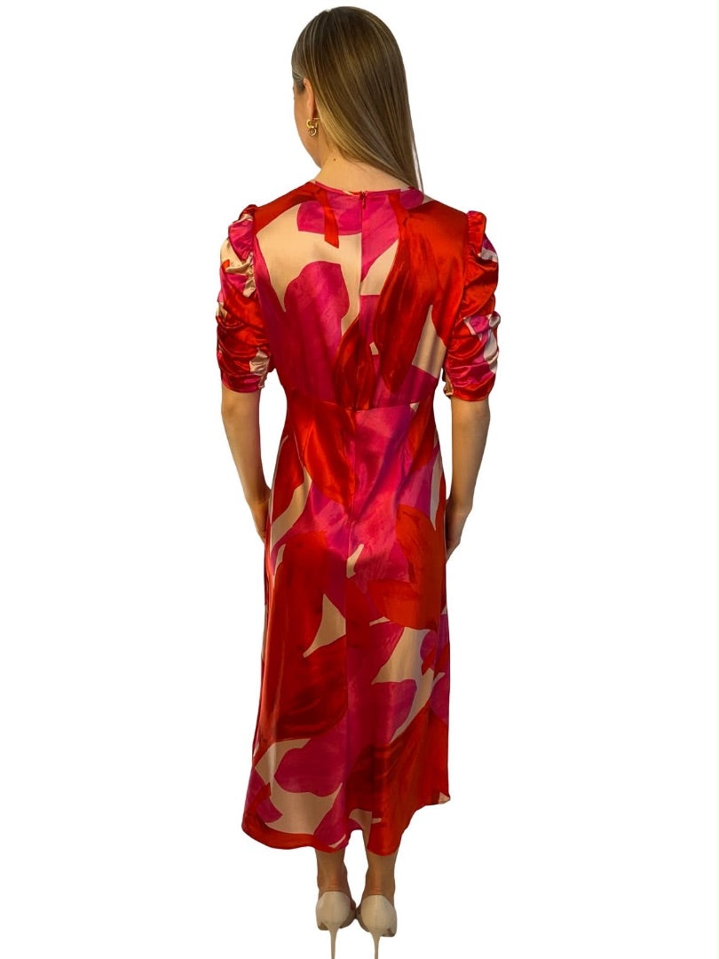 Husk Red / Pink Silk Print Dress w Ruching. Size: 14