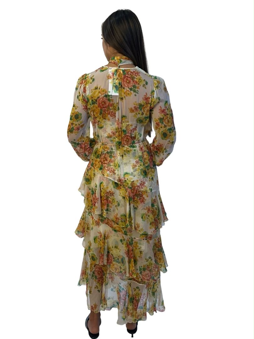 Zimmermann Green / Yellow Silk Tiered 'Citrus Stamp Floral' Dress. Size: 0
