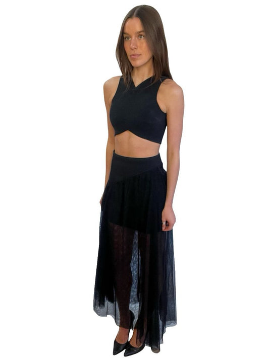 Scanlan Theodore Black Scuba/Mesh Top/Skirt Set. Size: 6