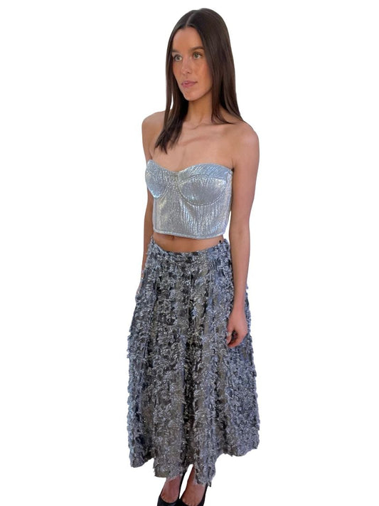 Scanlan Theodore Silver Metallic Puff Bustier Top / Skirt Set. Size: 12