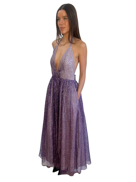 Scanlan Theodore Purple Tinsel Tulle Backless Halter Dress. Size: 10