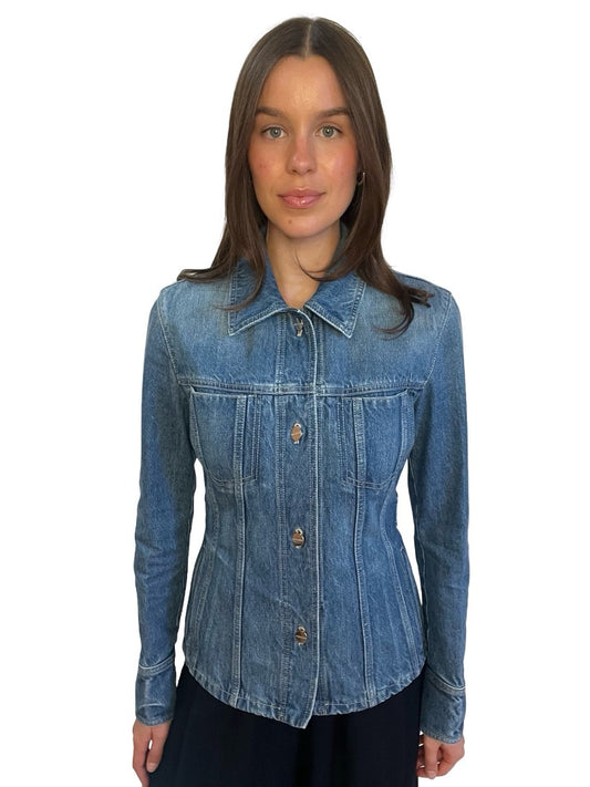 Ferragamo Blue Cinched Denim Jacket. Size: 40