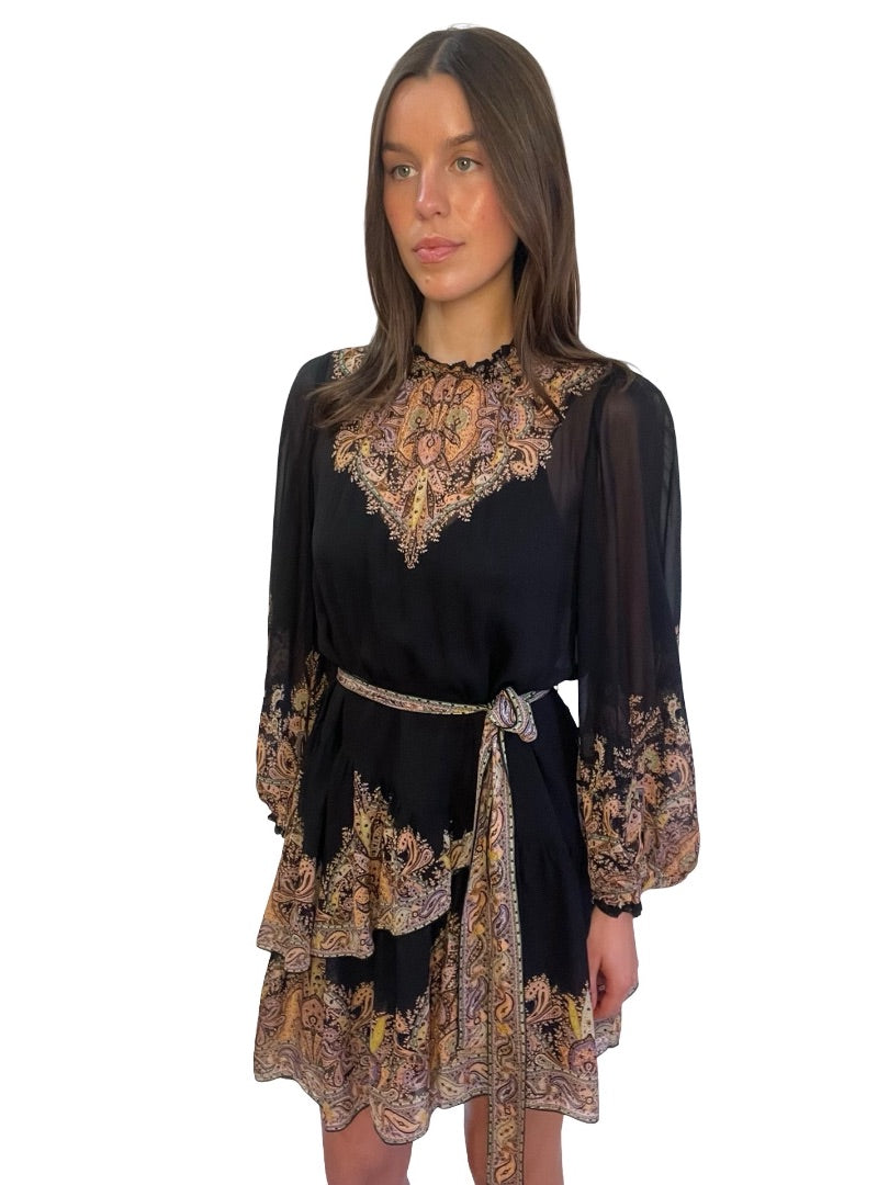 Zimmermann Black Tempo Paisley Tiered Mini. Size: 2