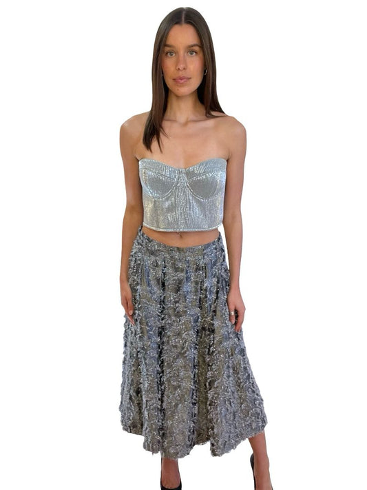 Scanlan Theodore Silver Metallic Puff Bustier Top / Skirt Set. Size: 12