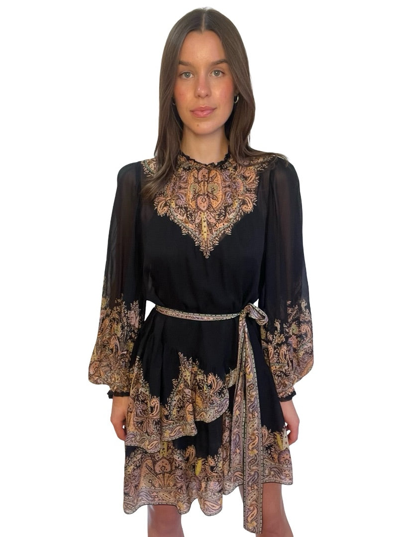Zimmermann Black Tempo Paisley Tiered Mini. Size: 2