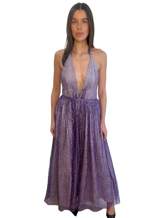 Scanlan Theodore Purple Tinsel Tulle Backless Halter Dress. Size: 10