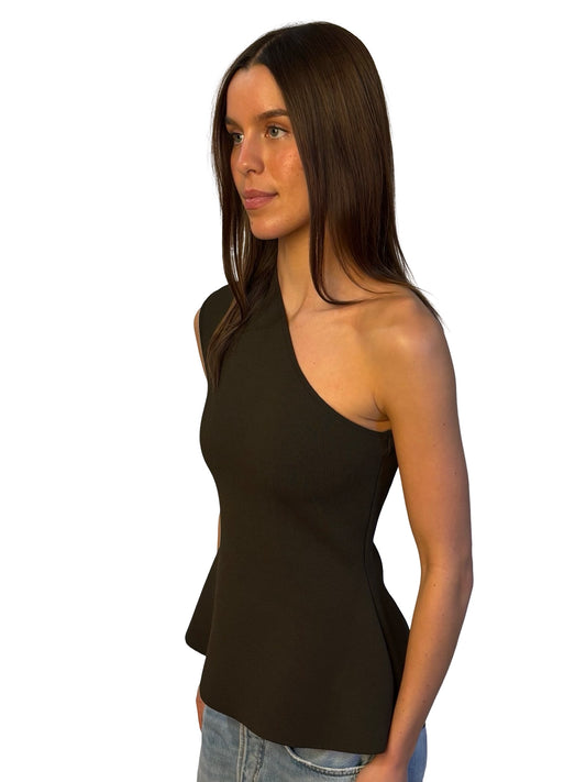 Scanlan Theodore Khaki Asymmetrical Shoulder Crepe Knit Tank. Size: M
