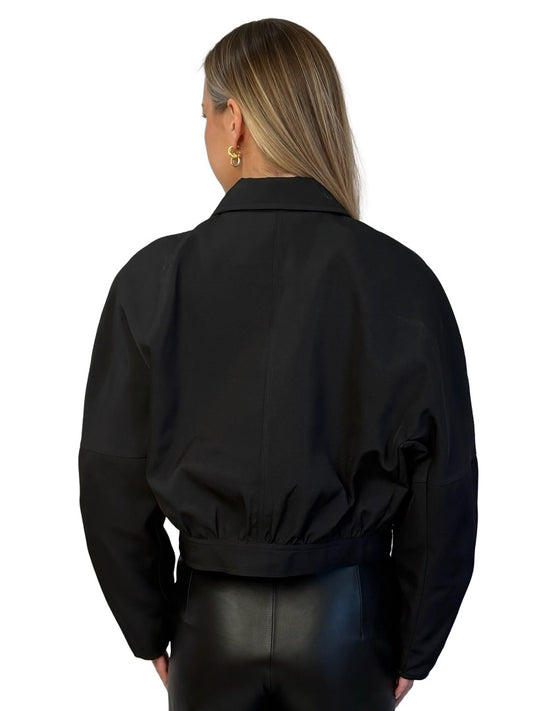 Ganni Black Cropped Bomber w/ Marbled Buttons. Size: 40