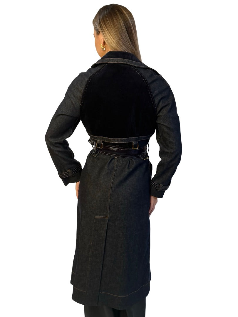 Zimmermann Indigo 'Spliced Denim / Cord Trench Coat W Belt. Size: 0