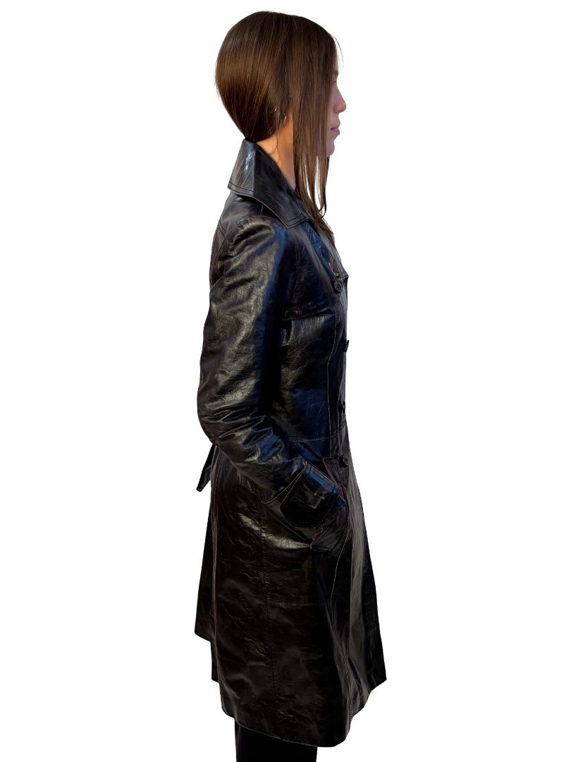 Patrizia Pepe Black Double Breasted Leather Belted Coat. Size: 44