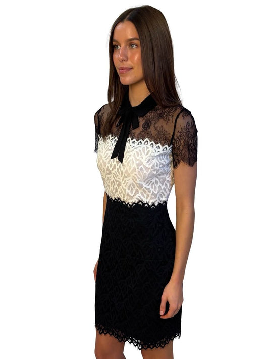 Sandro Black / White Lace Dress w/ Bow Collar. Size: M