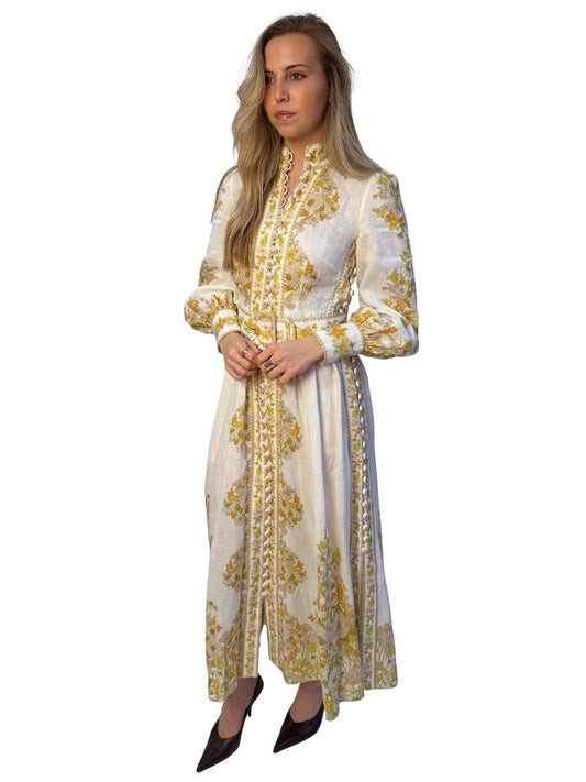Zimmermann White/Multi 'Super Eight Tubular' Belted Linen Dress. Size: 0