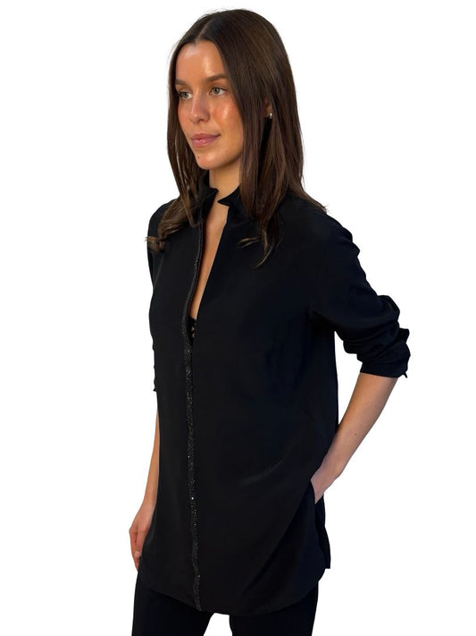Akris Black Crystal Front Lined Silk Shirt. Size: 42 F