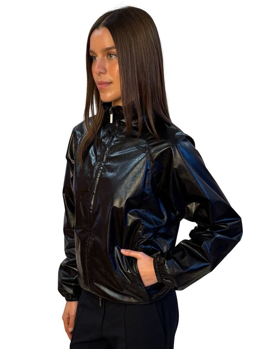 Jil Sander Black Shiny Leather Zip Up Jacket. Size: 36