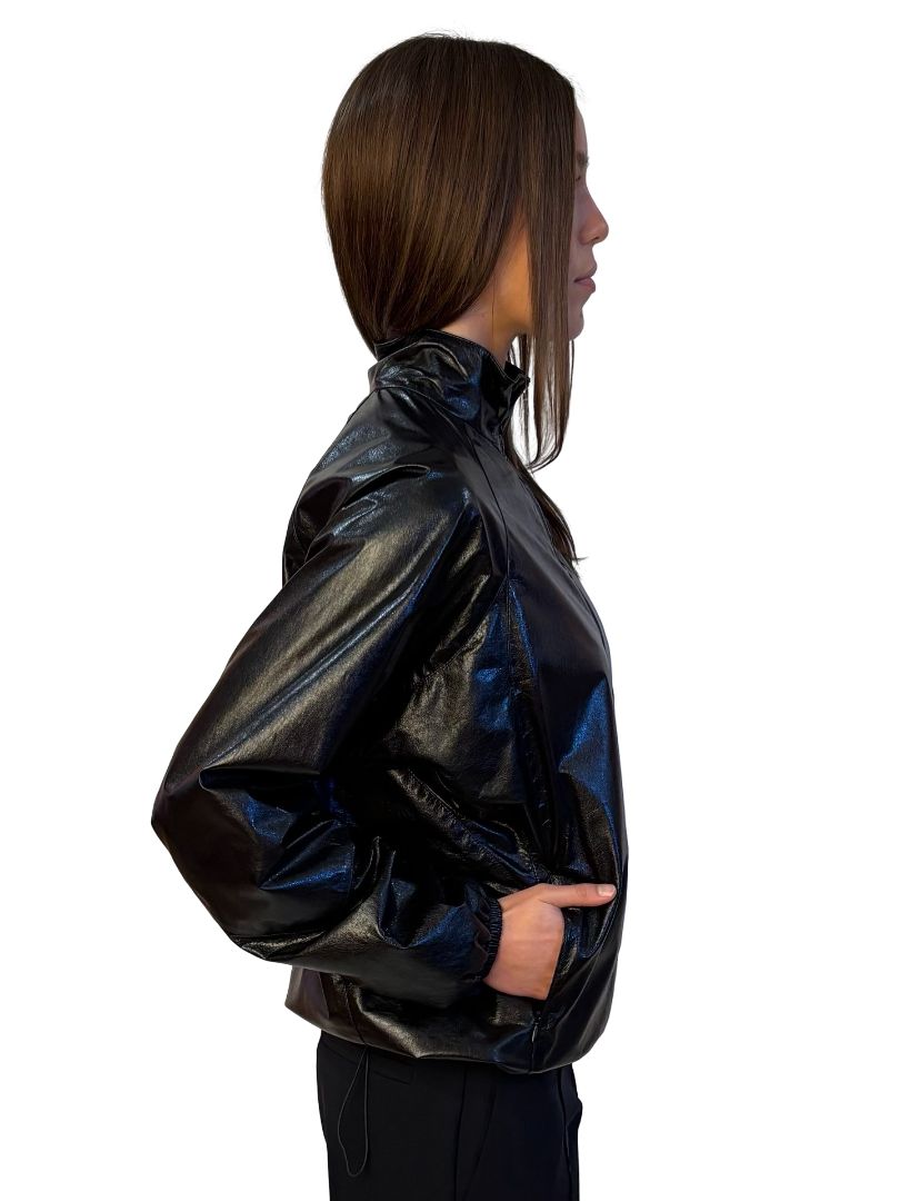 Jil Sander Black Shiny Leather Zip Up Jacket. Size: 36