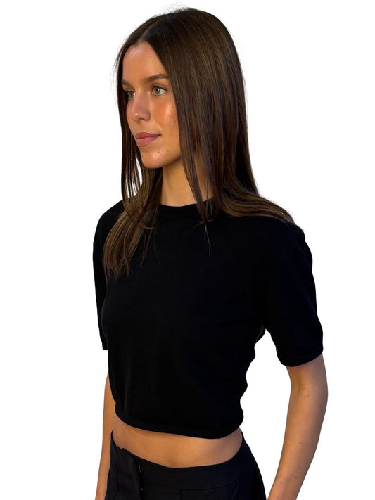 Nagnata Black Cotton Cropped Knit Top w/ Back Cutout. Size: XS