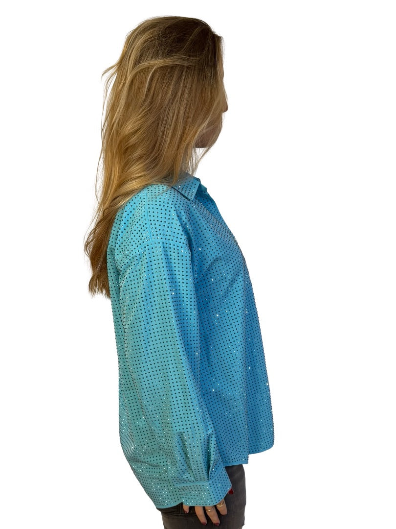 Self Portrait Blue Crystal Embellished Taffeta Oversized Shirt. Size: 8