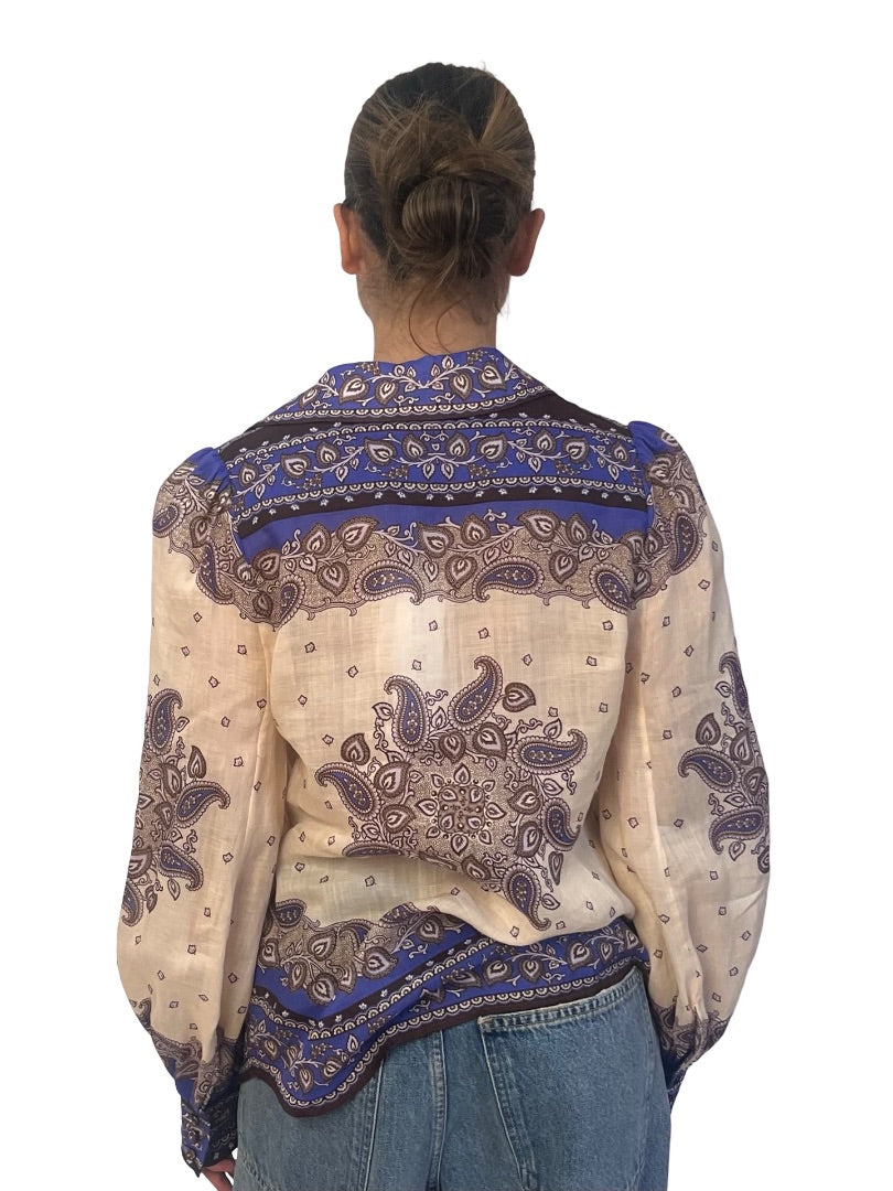 Zimmermann 'Maxine' Purple Paisley Blouson Shirt. Size: 1