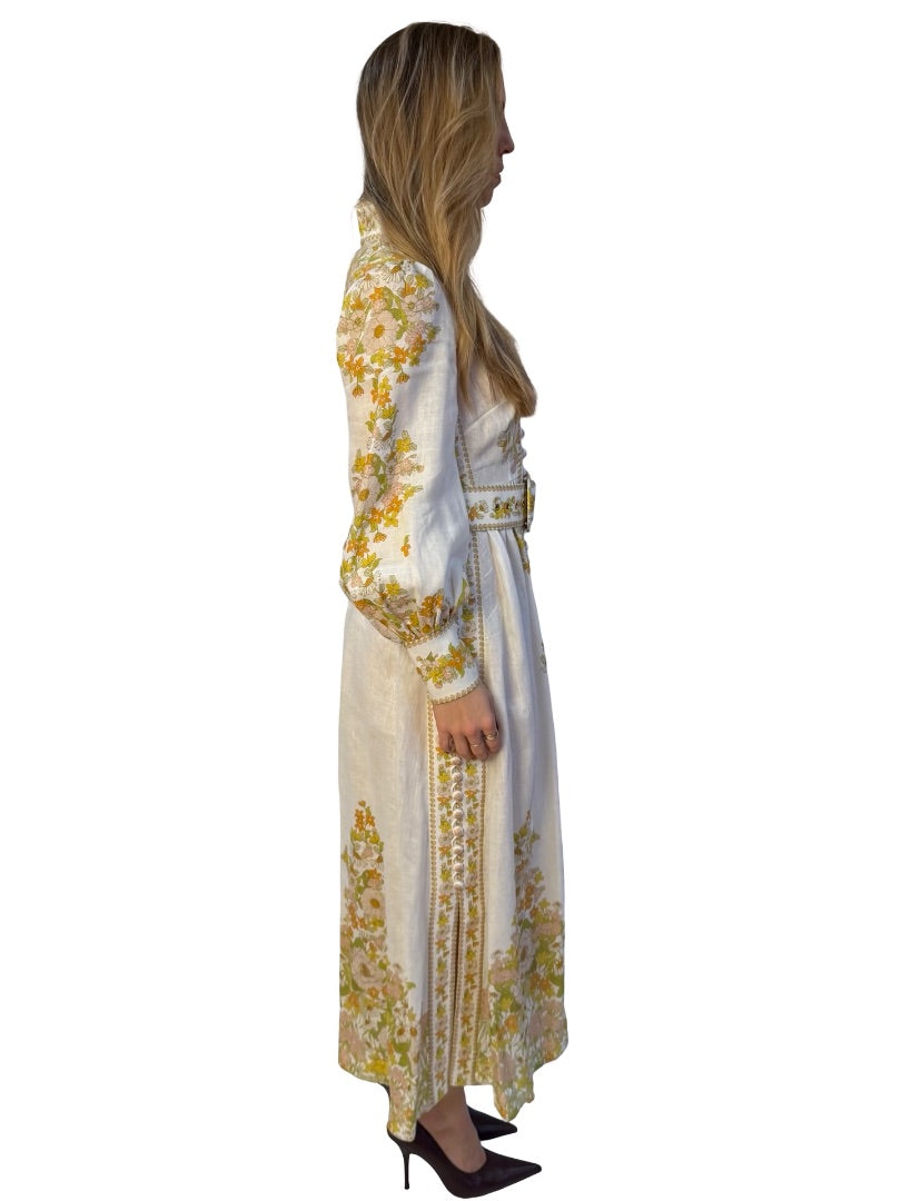 Zimmermann White/Multi 'Super Eight Tubular' Belted Linen Dress. Size: 0