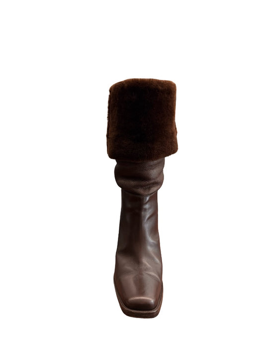 Prada Brown Faux Fur Cuffed Leather Heeled Boots. Size: 38.5