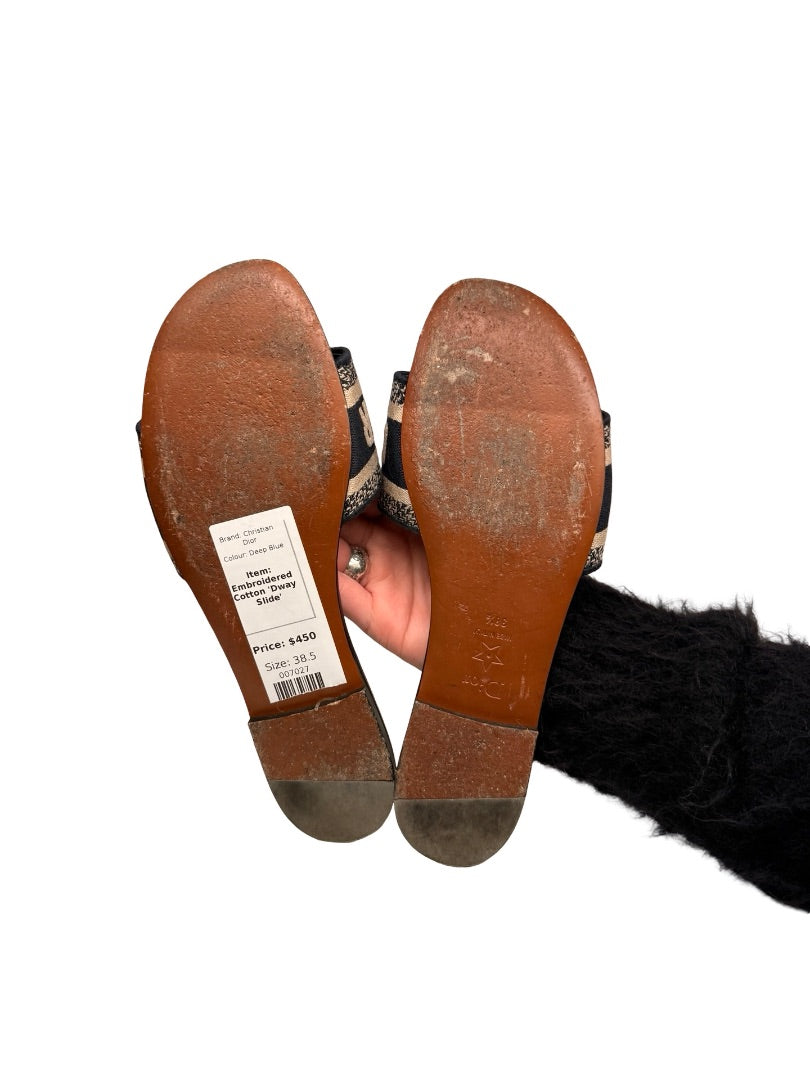Christian Dior Deep Blue Embroidered Cotton 'Dway Slide'. Size: 38.5
