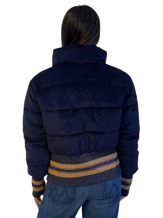 Unreal Fur Navy Cropped 'Dublin' Metallic Striped Puffer Jacket. Size: S