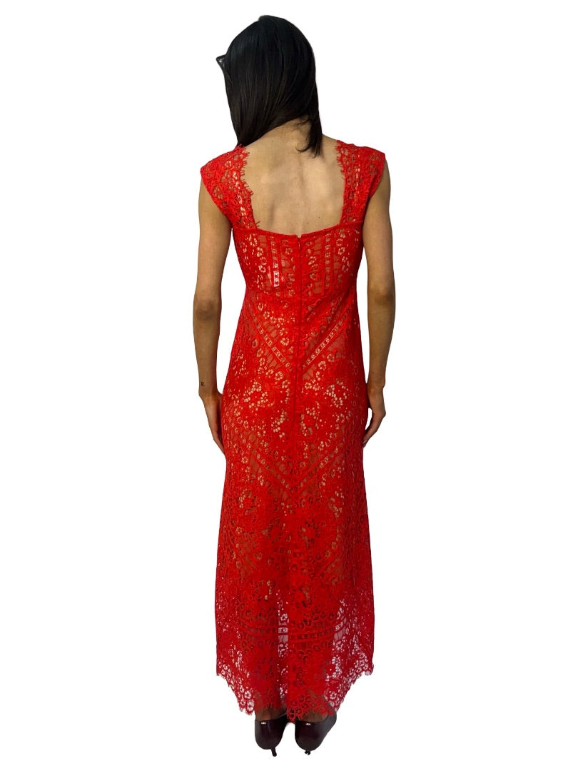 Sacha Drake Red Lace Gathered Front Dress W Nude Slip. Size: 8
