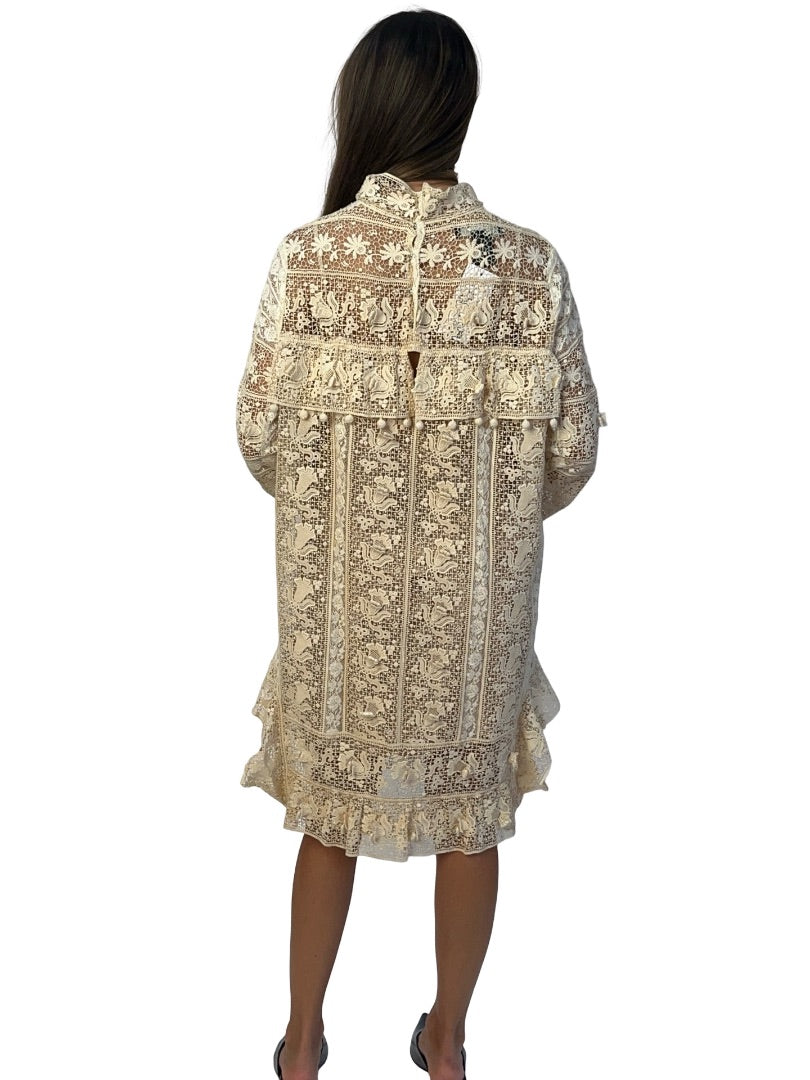 Isabel Marant Cream Lace Embroidered Dress w/ Floral Appliques. Size: 42