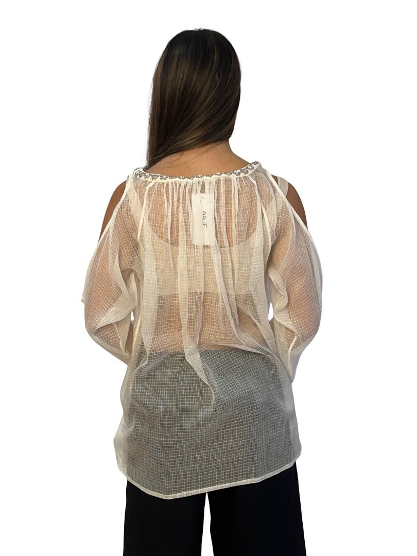 Aje White Sheer Shoulder Cutout Top w/ Floral Neck. Size: 8