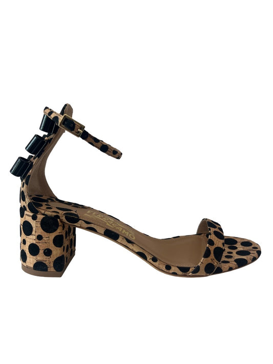 Salvatore Ferragamo Black / Tan Polka Dot Cork Connie Block Heel. Size: 8