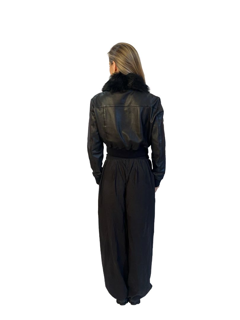Scanlan Theodore Black 'Toscana' Leather Fur Collar Bomber. Size: 8