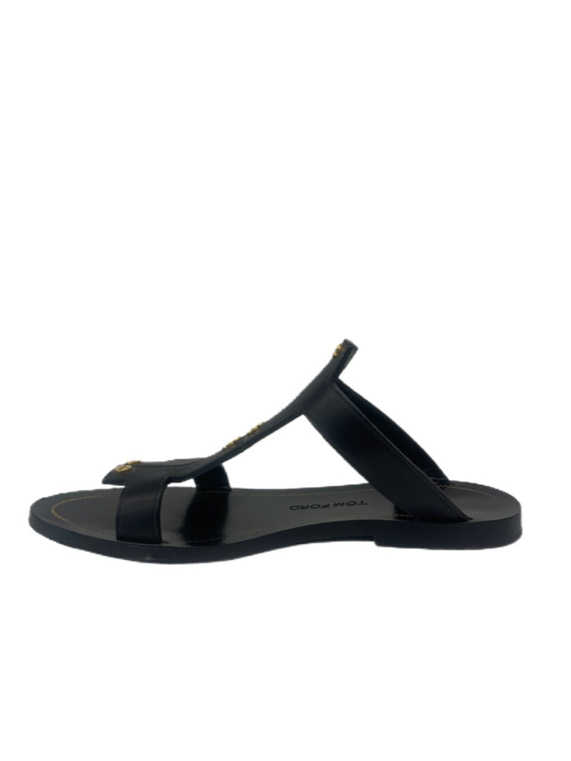 Tom Ford Black w Gold Flat Leather Sandal. Size: 37