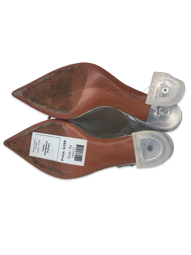 Amina Muaddi 'Rose' Glass/Silver Slingback Pumps. Size: 41