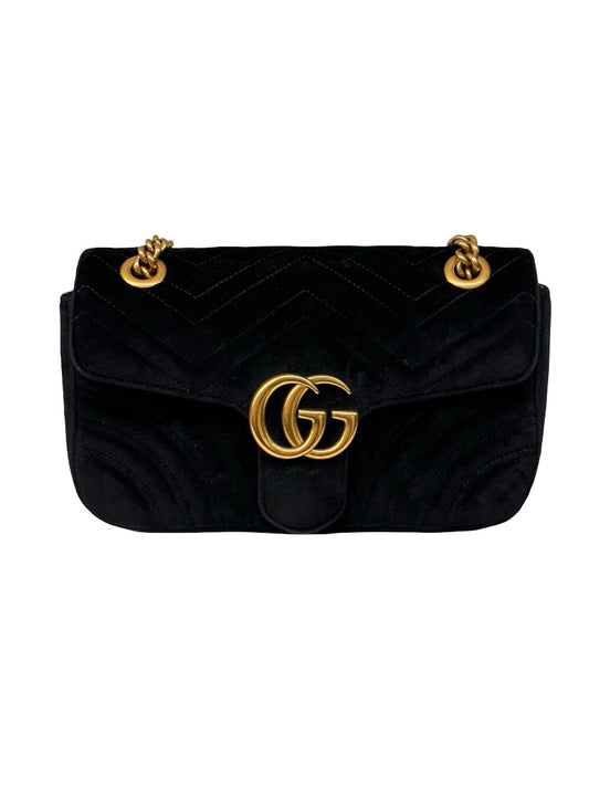 Gucci Black Velvet GG Marmont Handbag.
