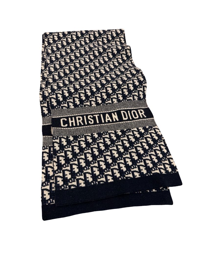 Christian Dior Oblique Double-Sided Blue Cashmere Scarf.