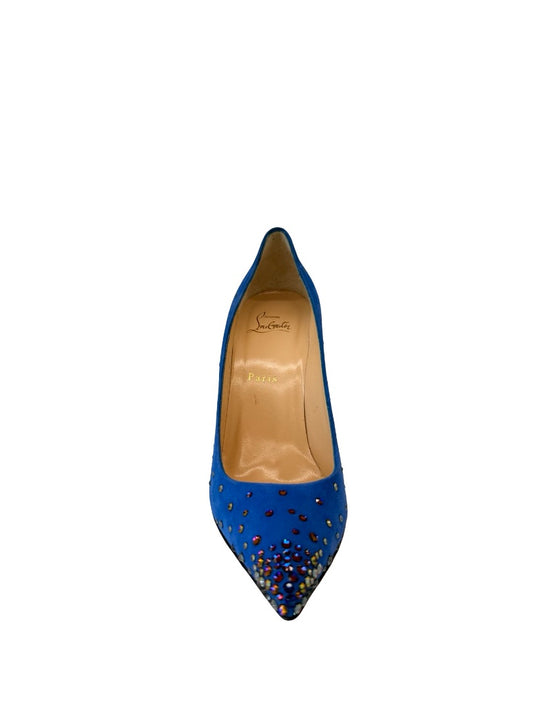 Christian Louboutin Blue Suede 'Degrastrass 100mm Crystal Heels. Size: 40