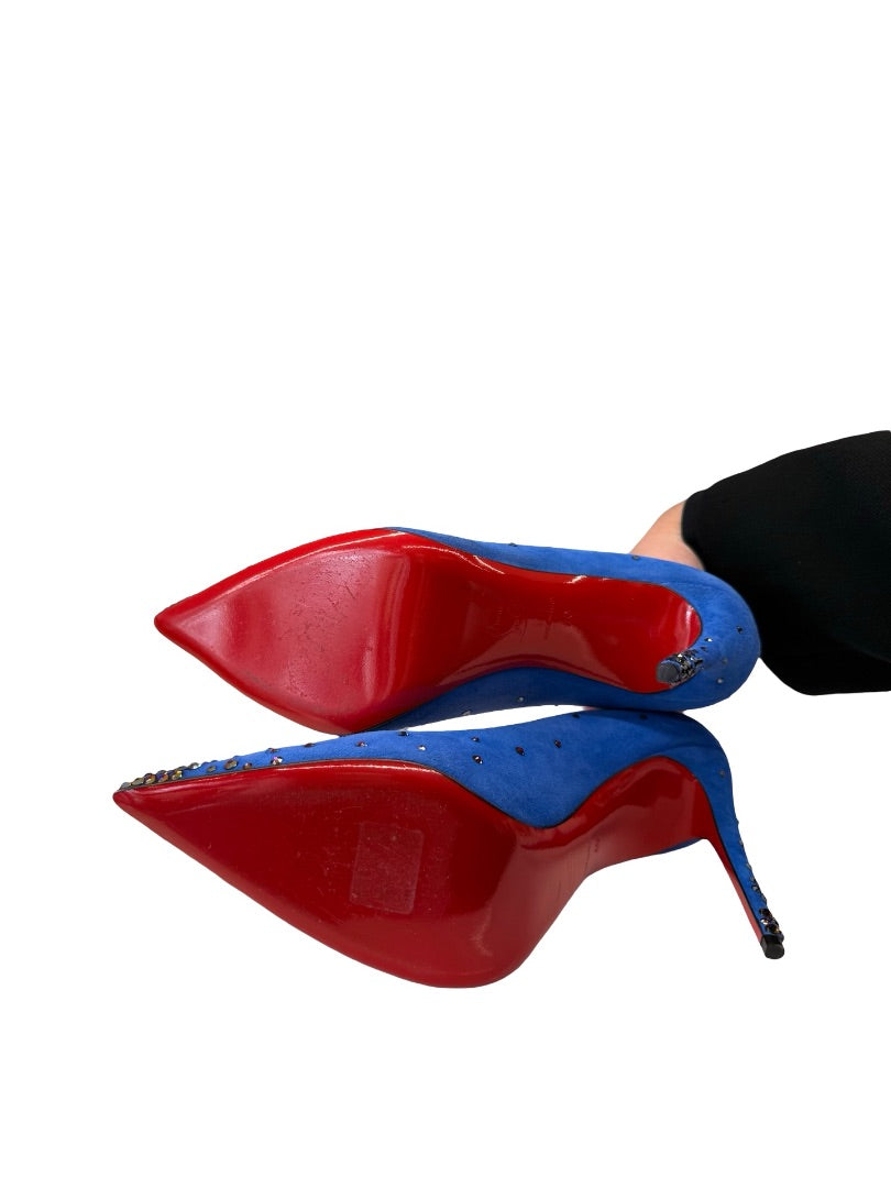 Christian Louboutin Blue Suede 'Degrastrass 100mm Crystal Heels. Size: 40