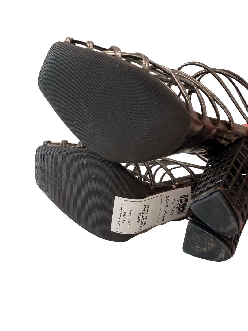 Yves Saint Laurent Silver Leather Cage Block Heel. Size: 39