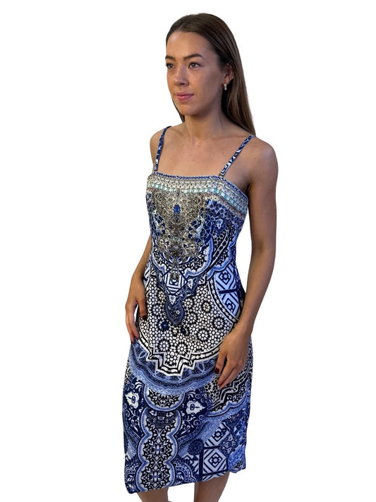 Camilla Blue Print & Embellished Strappy Mini Dress. Size: 10