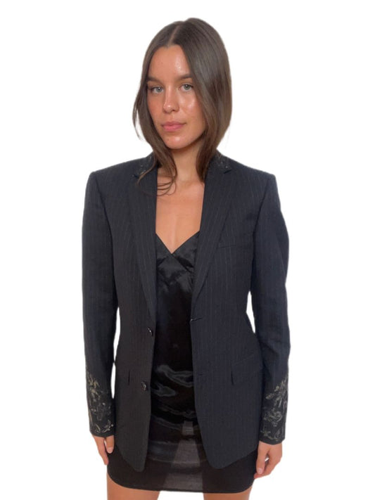 Alexander McQueen Black Pinstripe Pinstripe Blazer w Embroidery Detailing. Size: 46