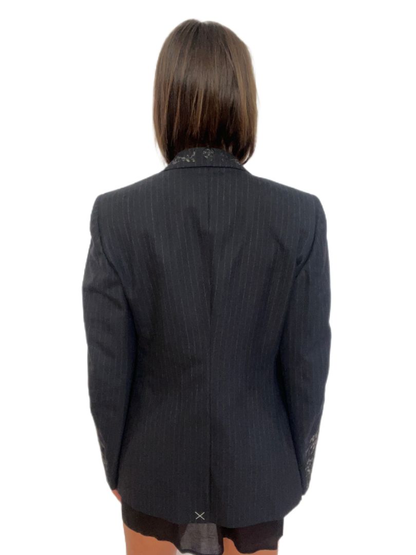 Alexander McQueen Black Pinstripe Pinstripe Blazer w Embroidery Detailing. Size: 46