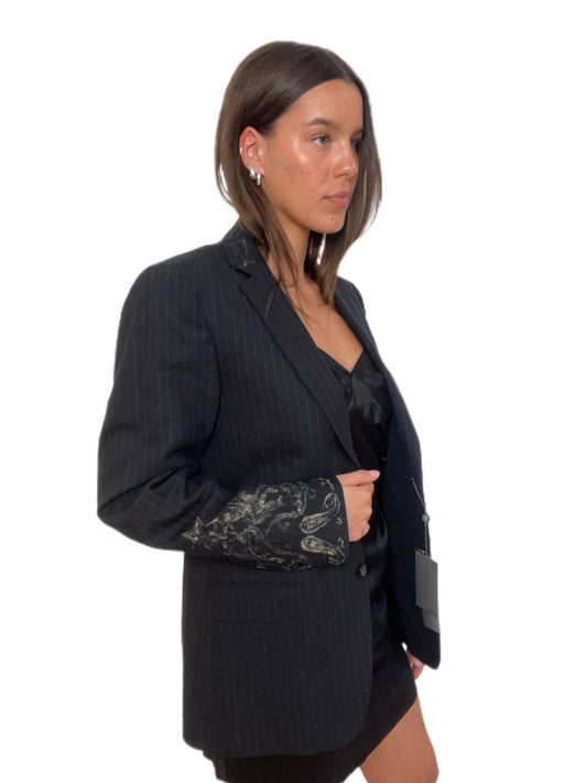 Alexander McQueen Black Pinstripe Pinstripe Blazer w Embroidery Detailing. Size: 46