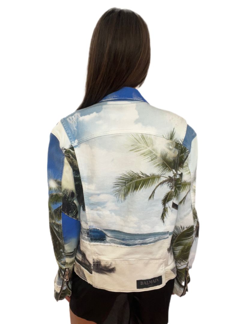 Balmain Island Print Denim Jacket. Size: 48
