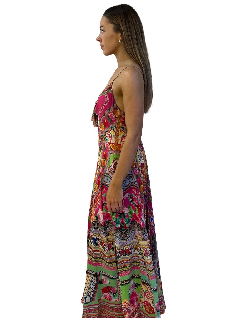 Camilla Pink / Multi-Colour Long Dress w/ Tie Front in Hanni Honey. Size: M