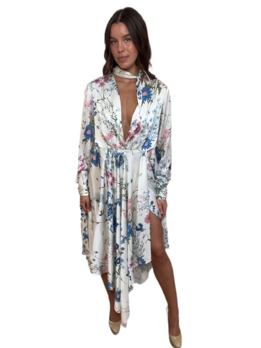 Off White Cream Floral Print Handkerchief Dress W Open Back. Size: 44