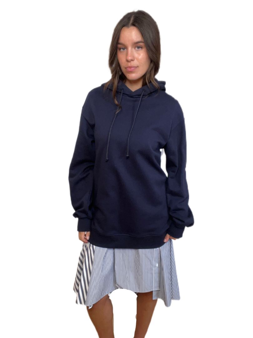 Juun.j Navy Long Sleeve Hoodie w Striped Shirt Detailing. Size: 36