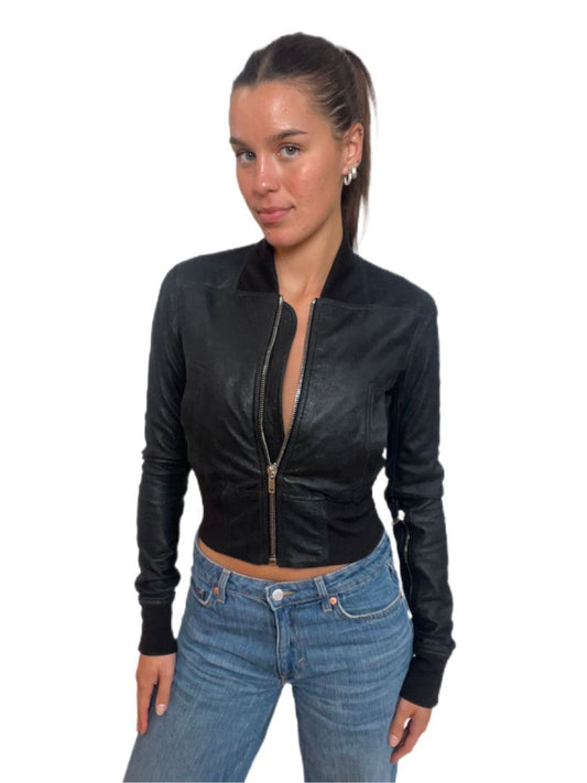 Rick Owens Black Leather Bomber Jacket. Size: 38