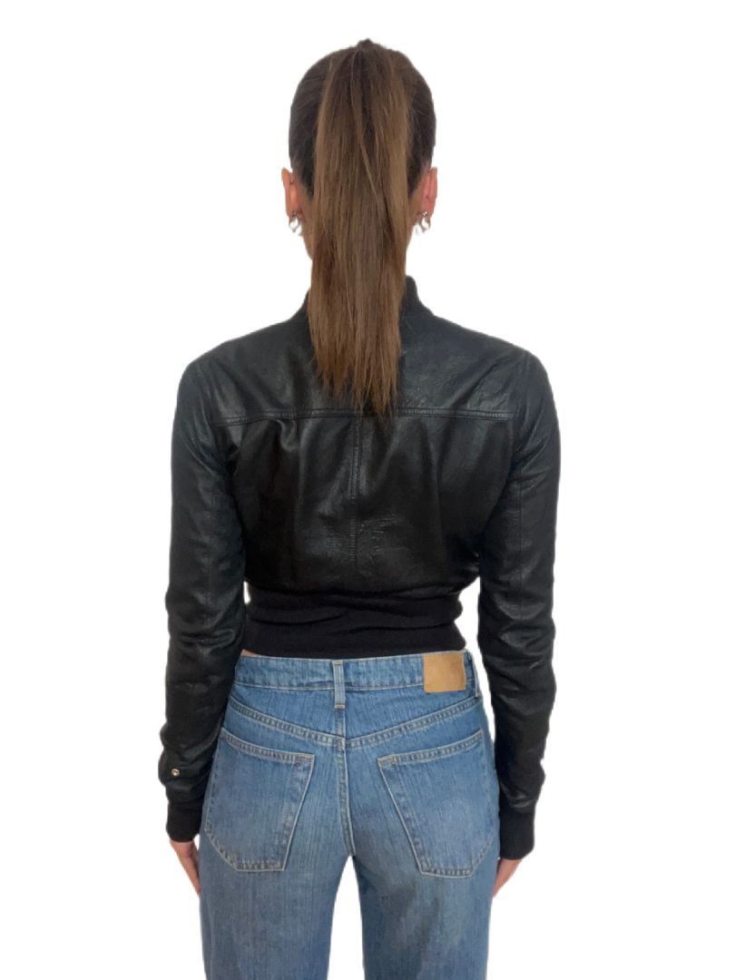 Rick Owens Black Leather Bomber Jacket. Size: 38