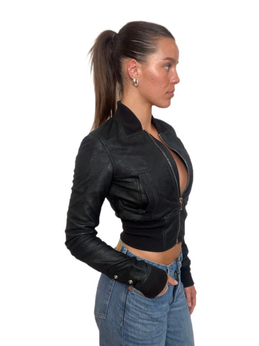 Rick Owens Black Leather Bomber Jacket. Size: 38